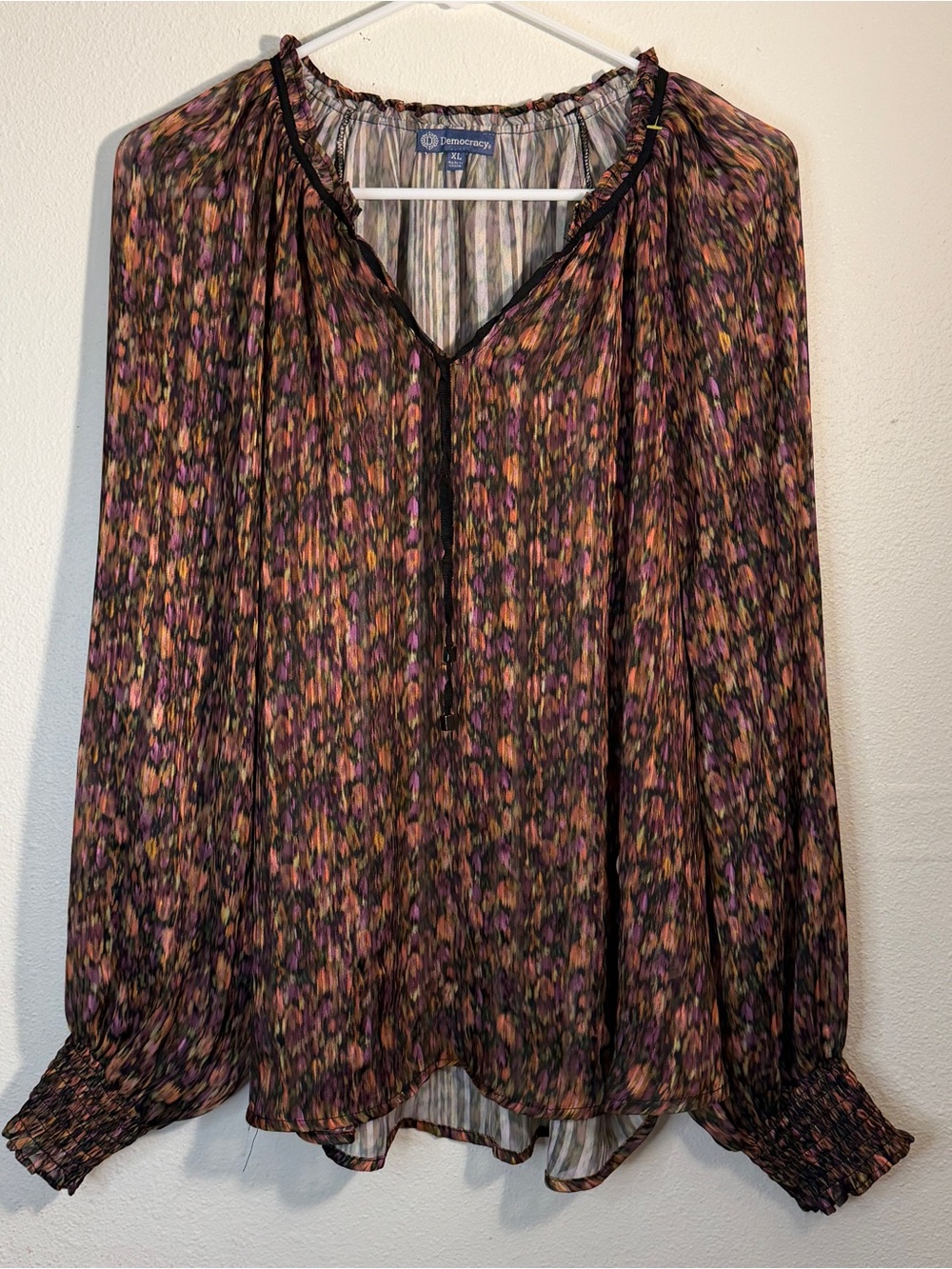 Democracy Multi-Color Floral Long-Sleeve Peasant Blouse, semi sheer, sz XL